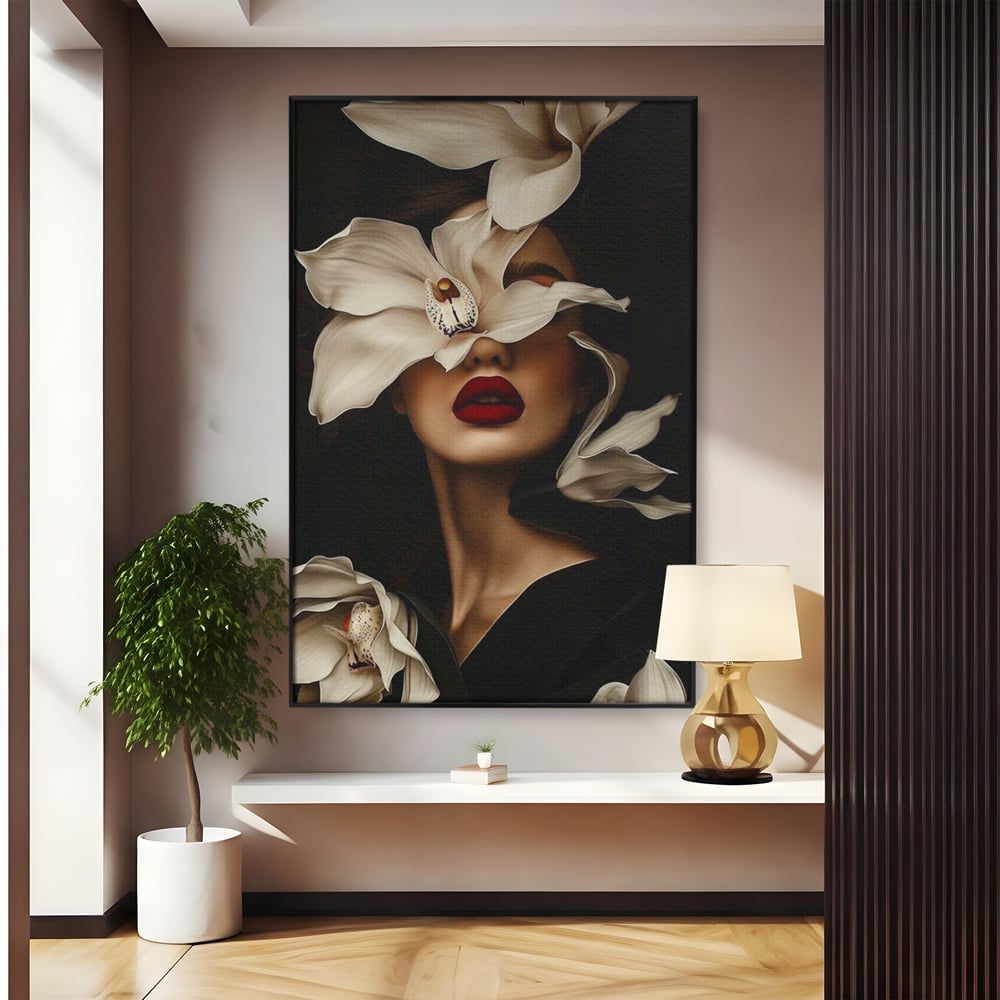 Tablou canvas cu tablou canvas cu femeie si orhidee, in rama de aluminiu negru